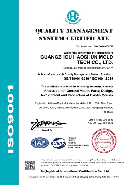 China Guangzhou Haoshun Mold Tech Co., Ltd. certification